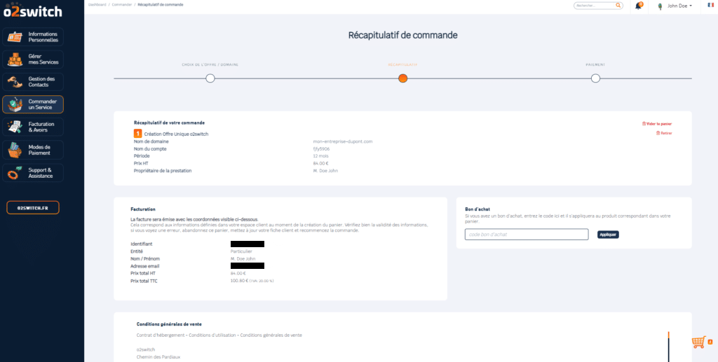 Récapitulatif de commande O2switch