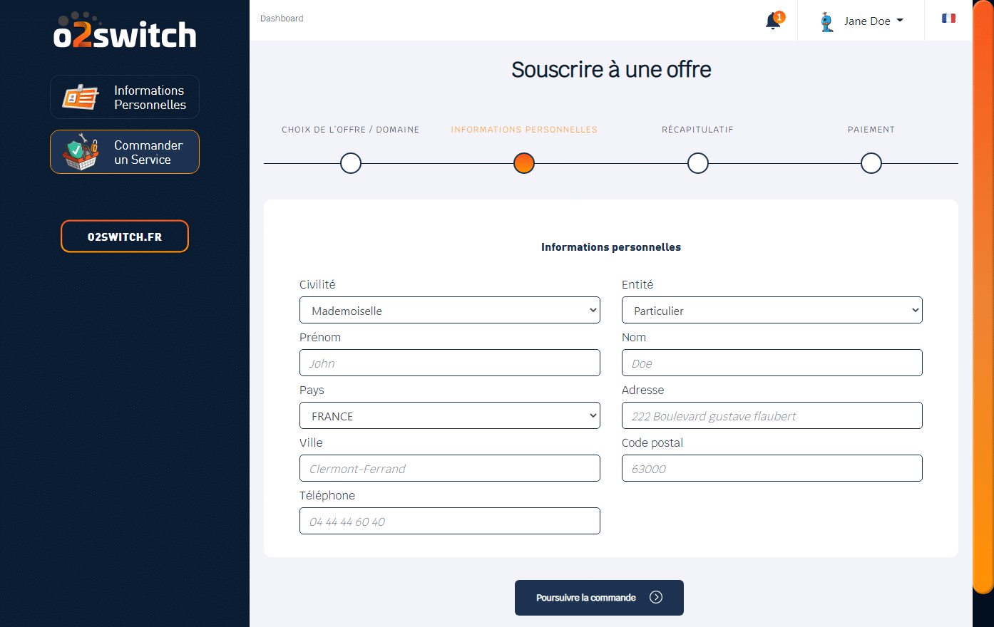 Information compte O2switch